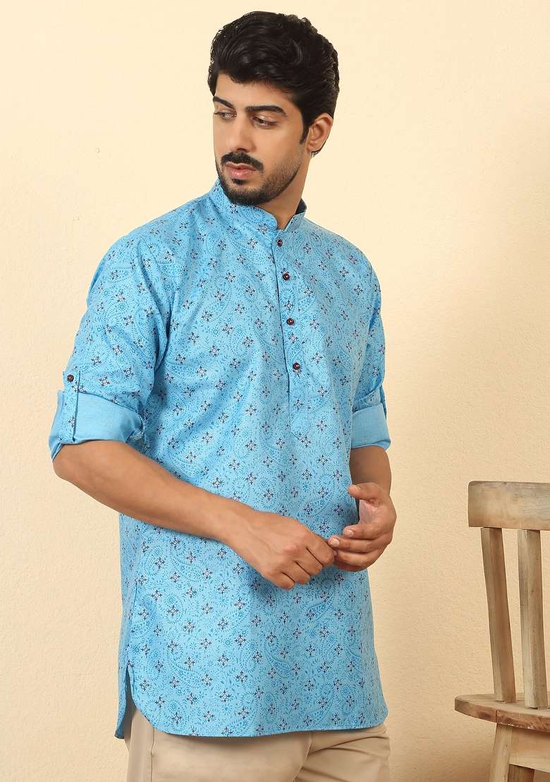 Blue Floral Print Cotton Kurta For Men - Indya