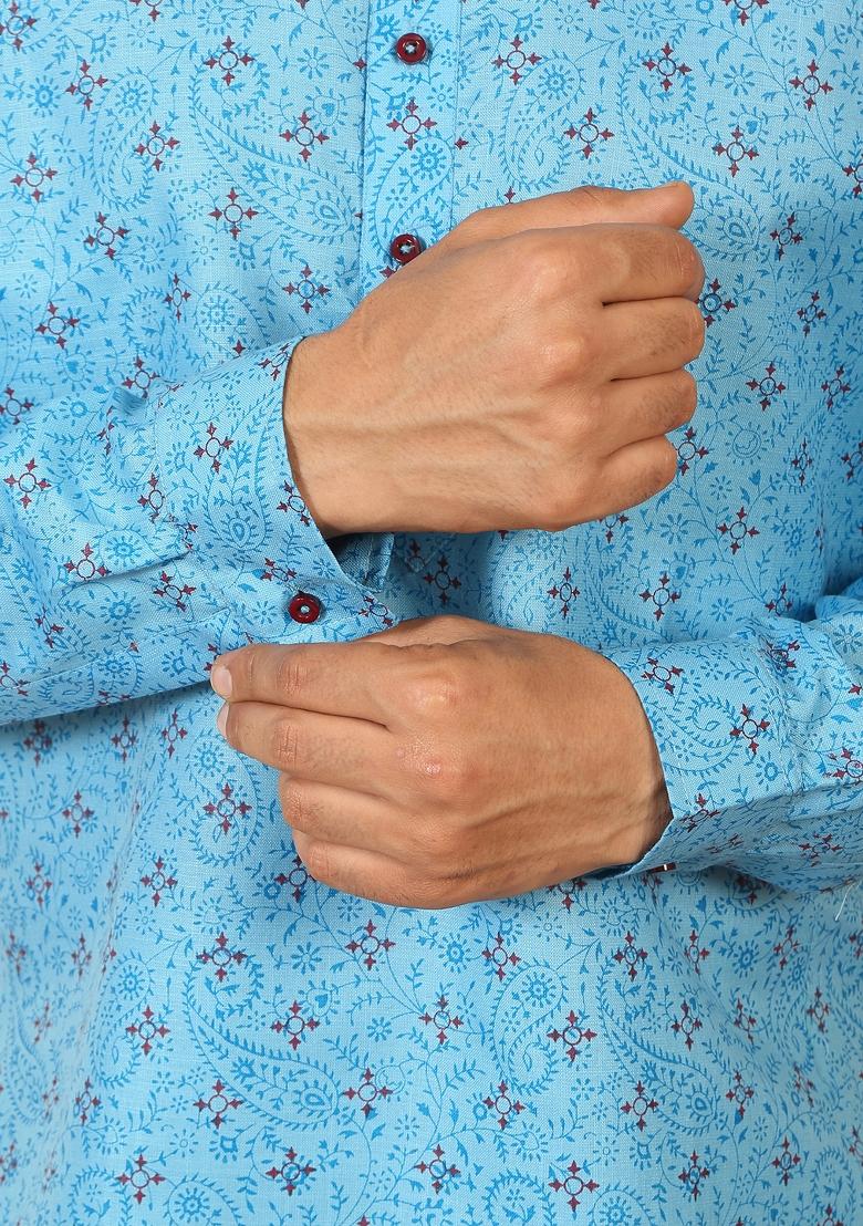 Blue Floral Print Cotton Kurta For Men - Indya
