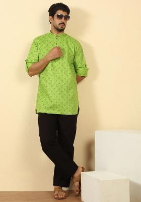 Green Floral Print Cotton Kurta For Men