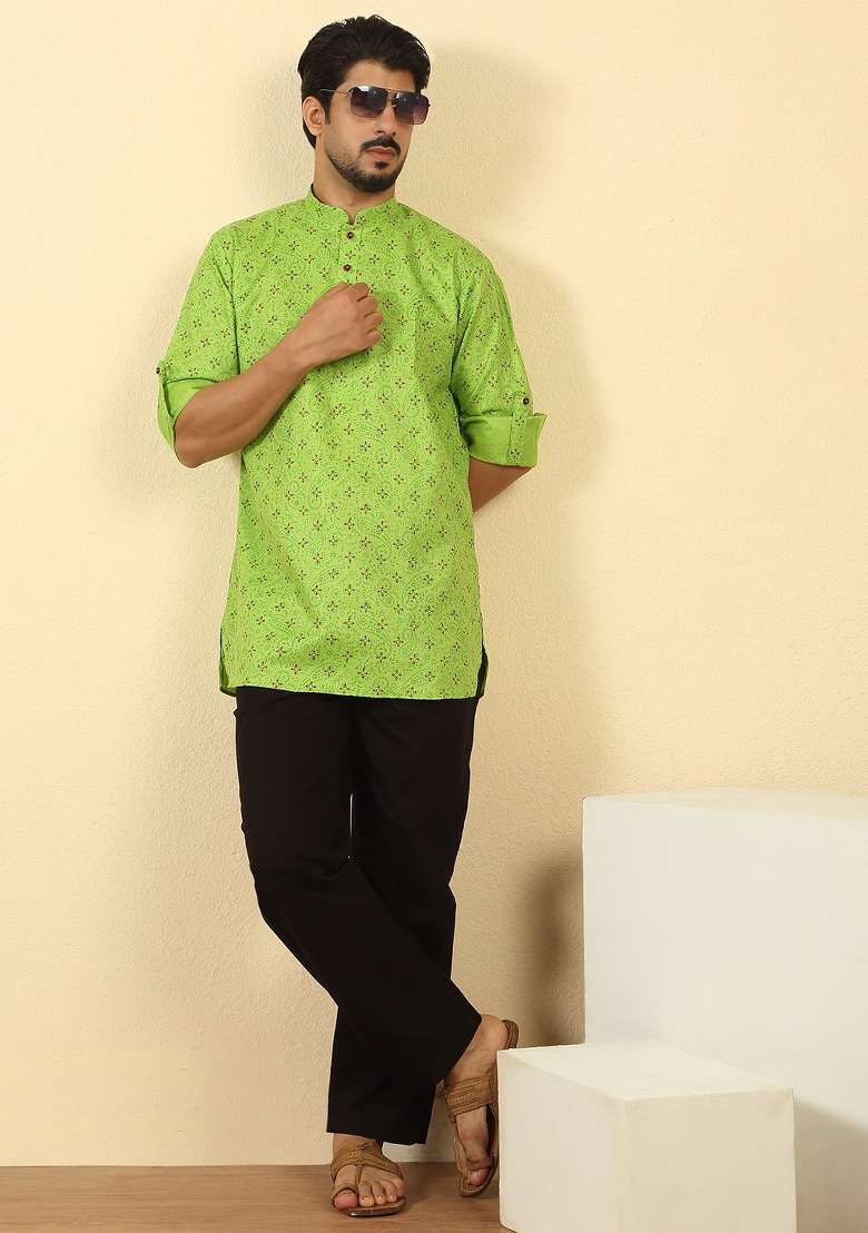 Green Floral Print Cotton Kurta For Men - Indya
