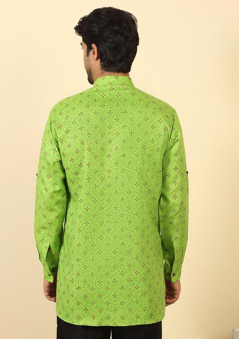 Green Floral Print Cotton Kurta For Men - Indya