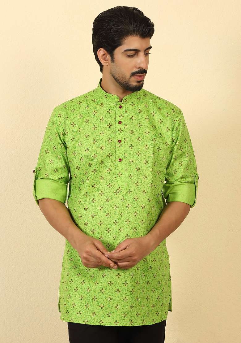 Green Floral Print Cotton Kurta For Men - Indya
