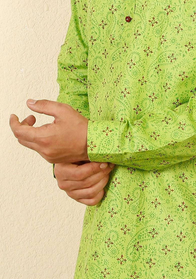 Green Floral Print Cotton Kurta For Men - Indya