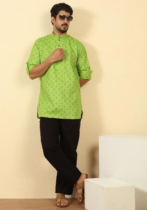 Green Floral Print Cotton Kurta For Men