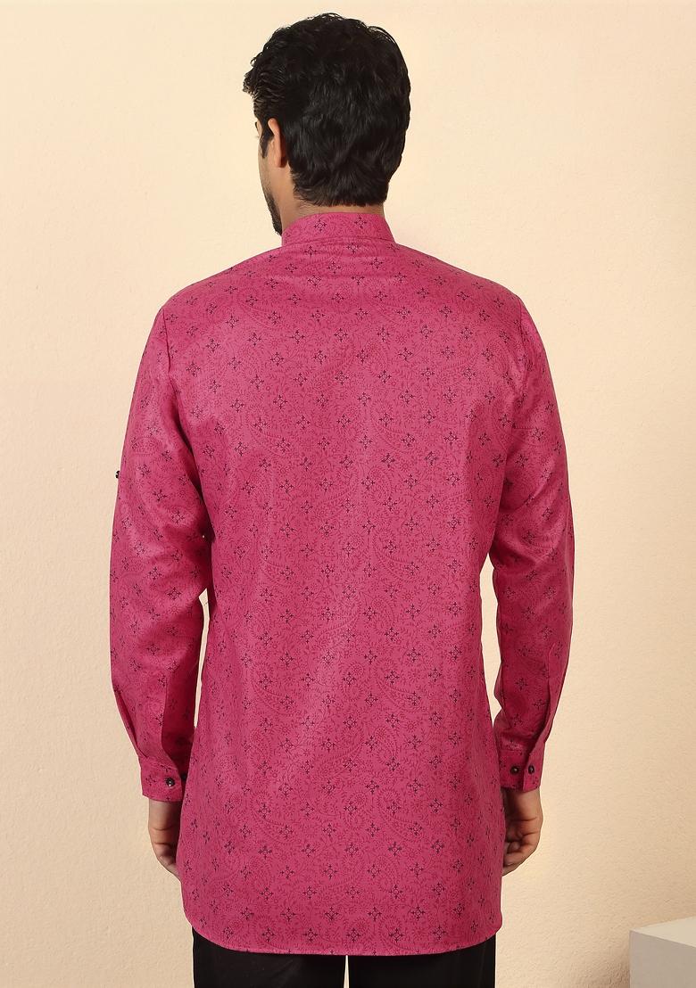 Pink Floral Print Cotton Kurta For Men - Indya