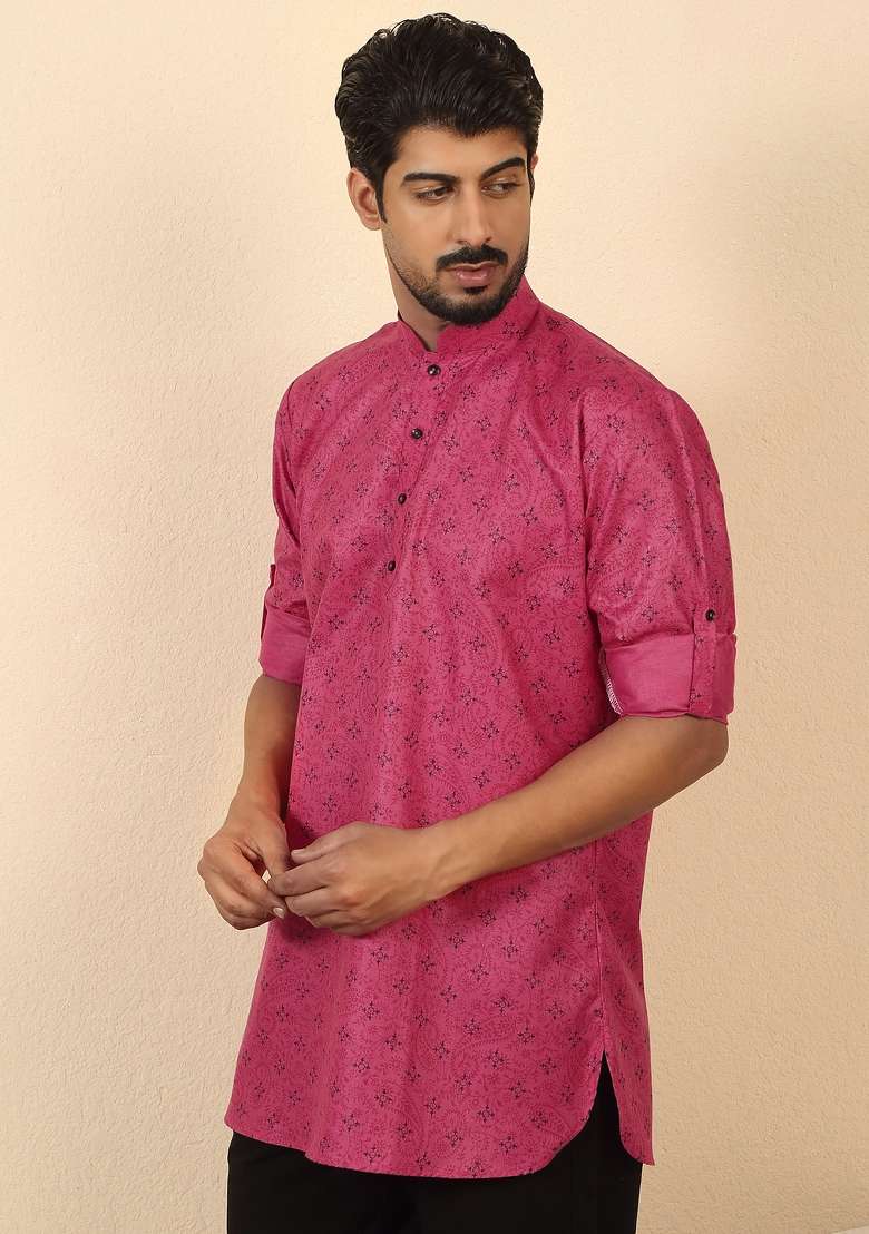 Pink Floral Print Cotton Kurta For Men - Indya