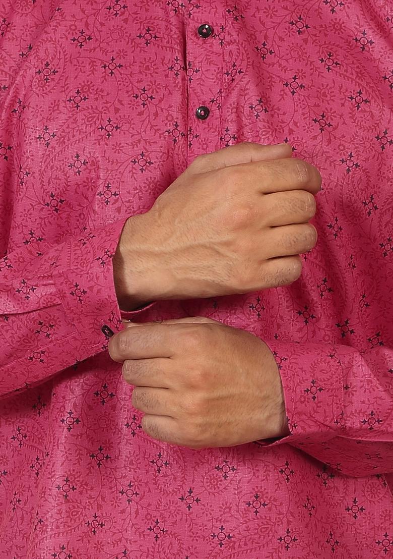 Pink Floral Print Cotton Kurta For Men - Indya