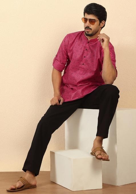 Pink Floral Print Cotton Kurta For Men
