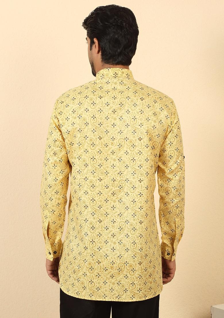 Yellow Floral Print Cotton Kurta For Men - Indya