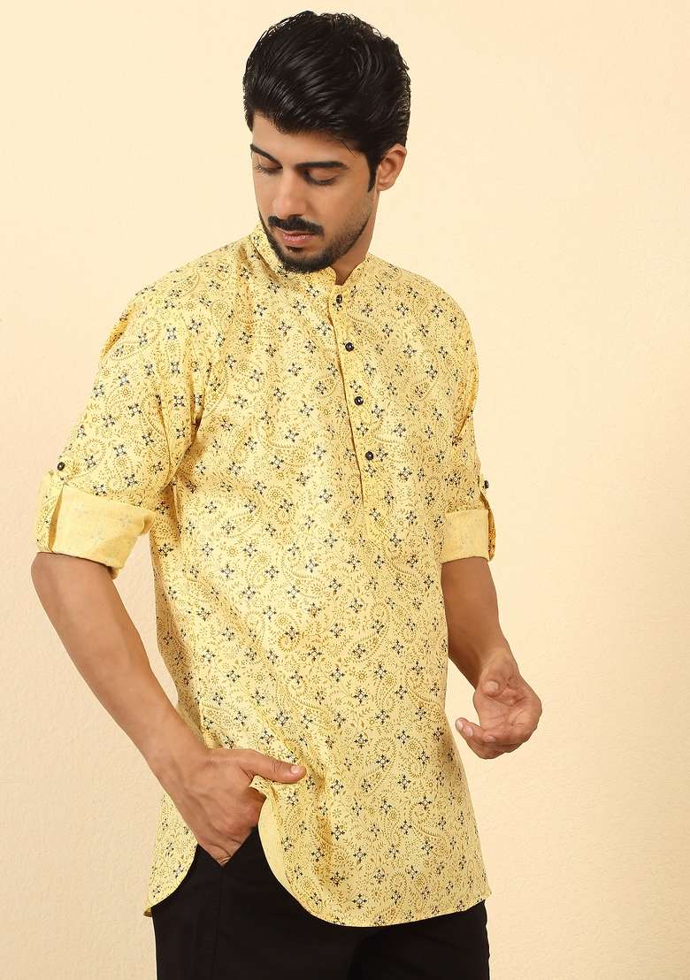 Yellow Floral Print Cotton Kurta For Men - Indya