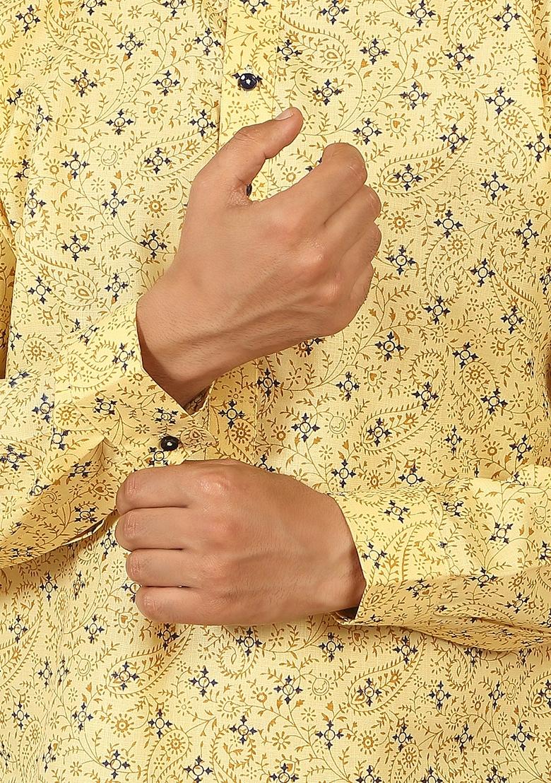 Yellow Floral Print Cotton Kurta For Men - Indya