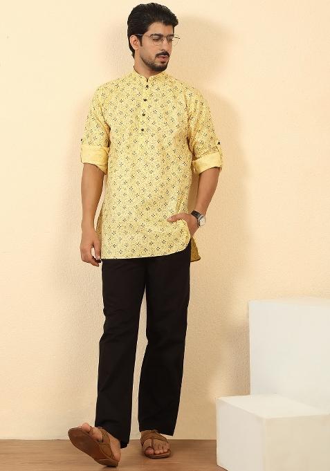 Yellow Floral Print Cotton Kurta For Men