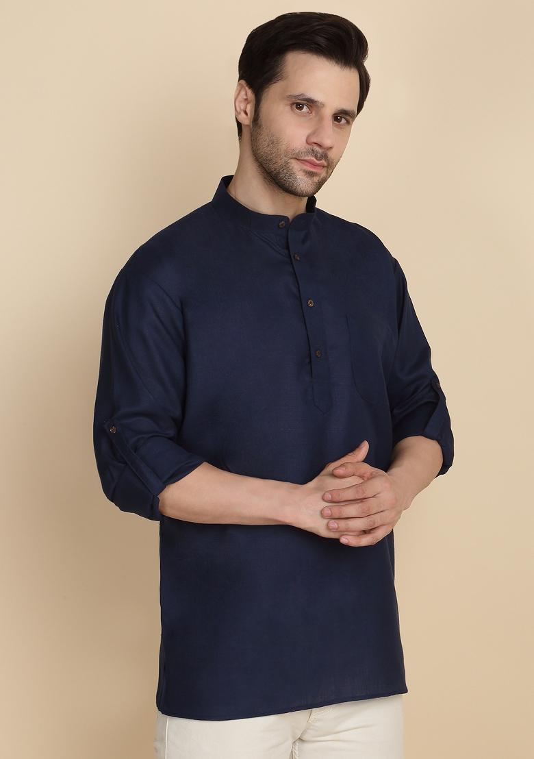 Black Solid Cotton Kurta For Men - Indya