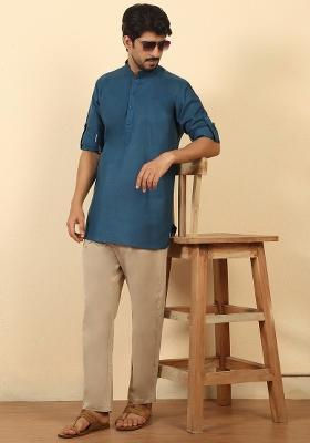 Denim Blue Solid Cotton Kurta For Men