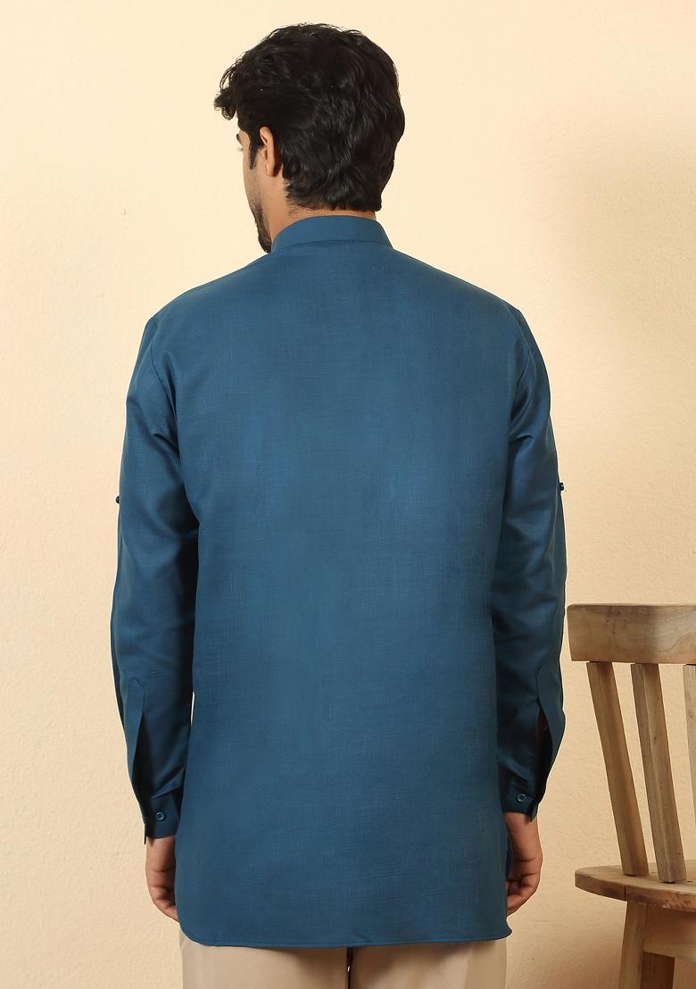 Denim Blue Solid Cotton Kurta For Men - Indya