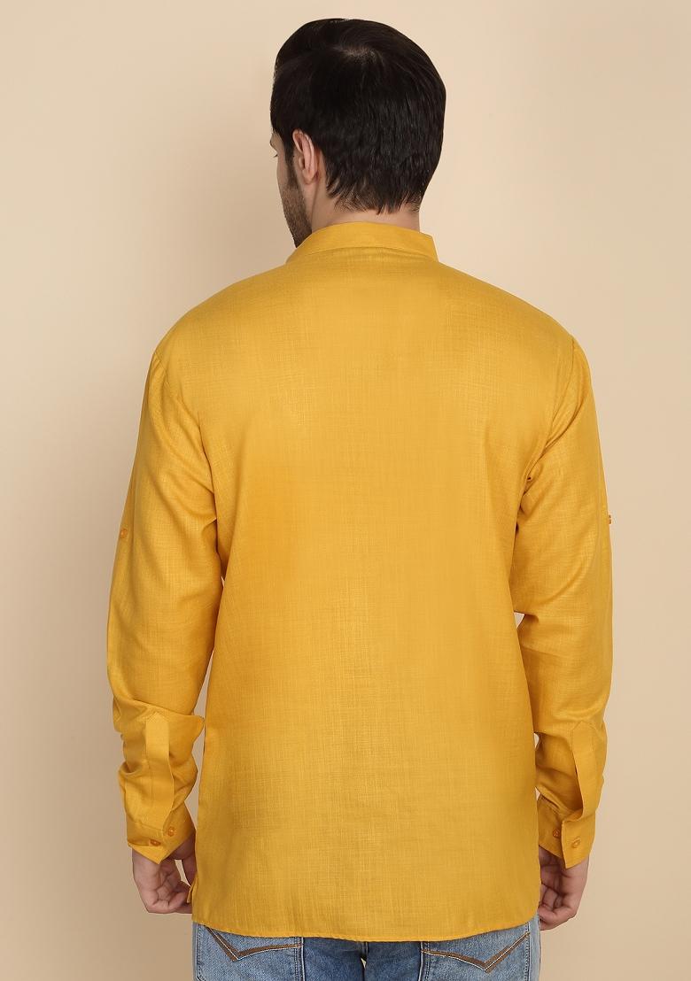 Mustard Solid Cotton Kurta For Men - Indya