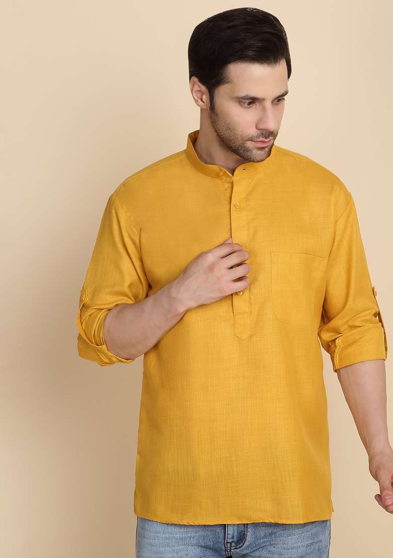 Mustard Solid Cotton Kurta For Men - Indya