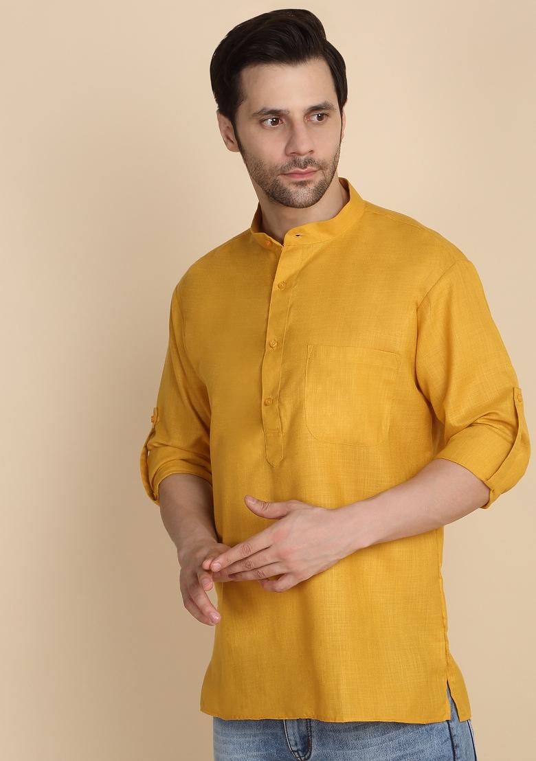 Mustard Solid Cotton Kurta For Men - Indya