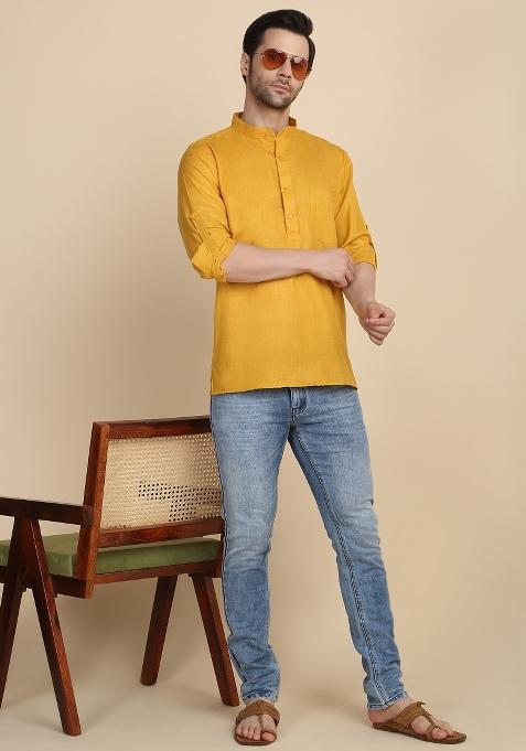Mustard Solid Cotton Kurta For Men