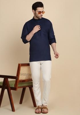 Navy Blue Solid Cotton Kurta For Men