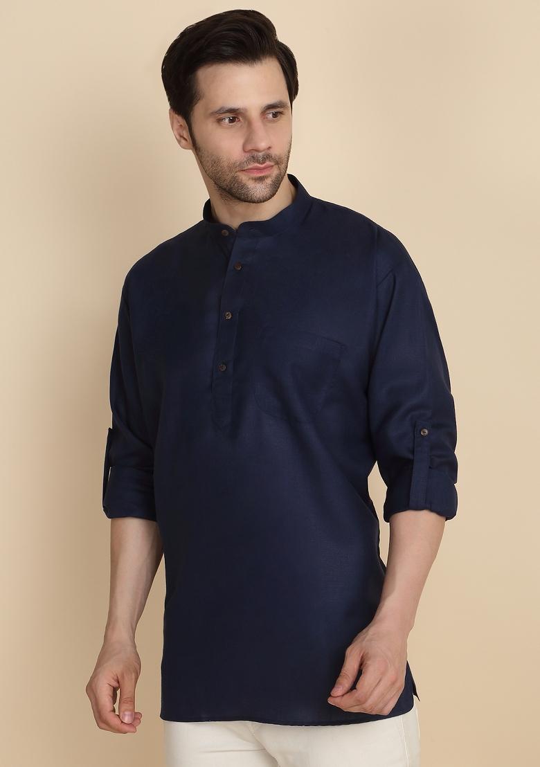 Navy Blue Solid Cotton Kurta For Men - Indya