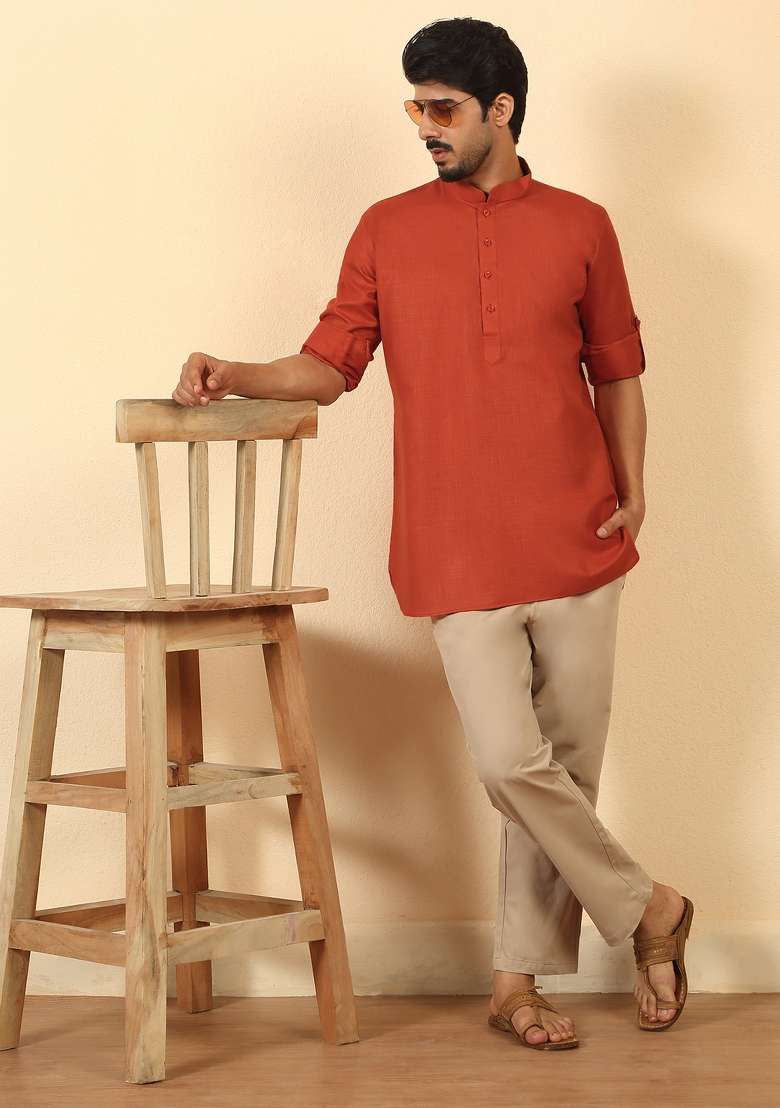 Orange Solid Cotton Kurta For Men - Indya