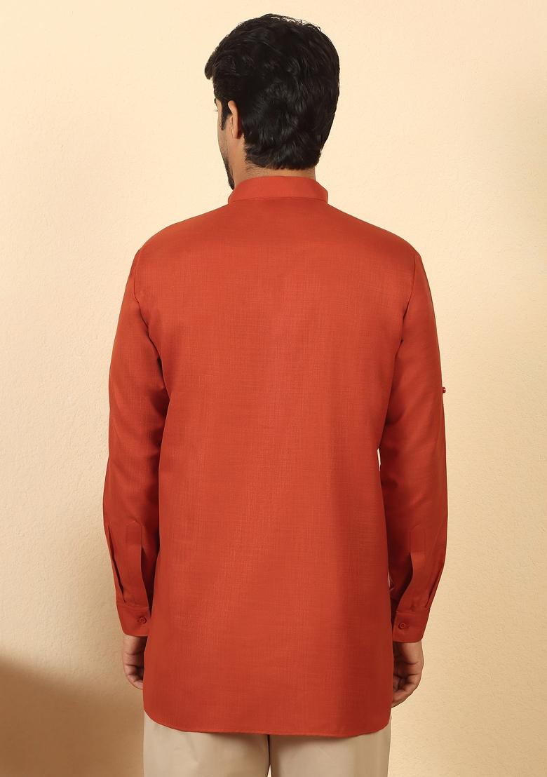 Orange Solid Cotton Kurta For Men - Indya