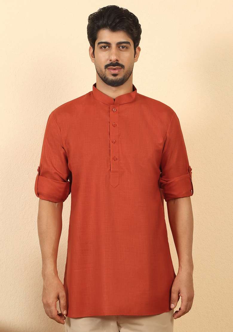Orange Solid Cotton Kurta For Men - Indya