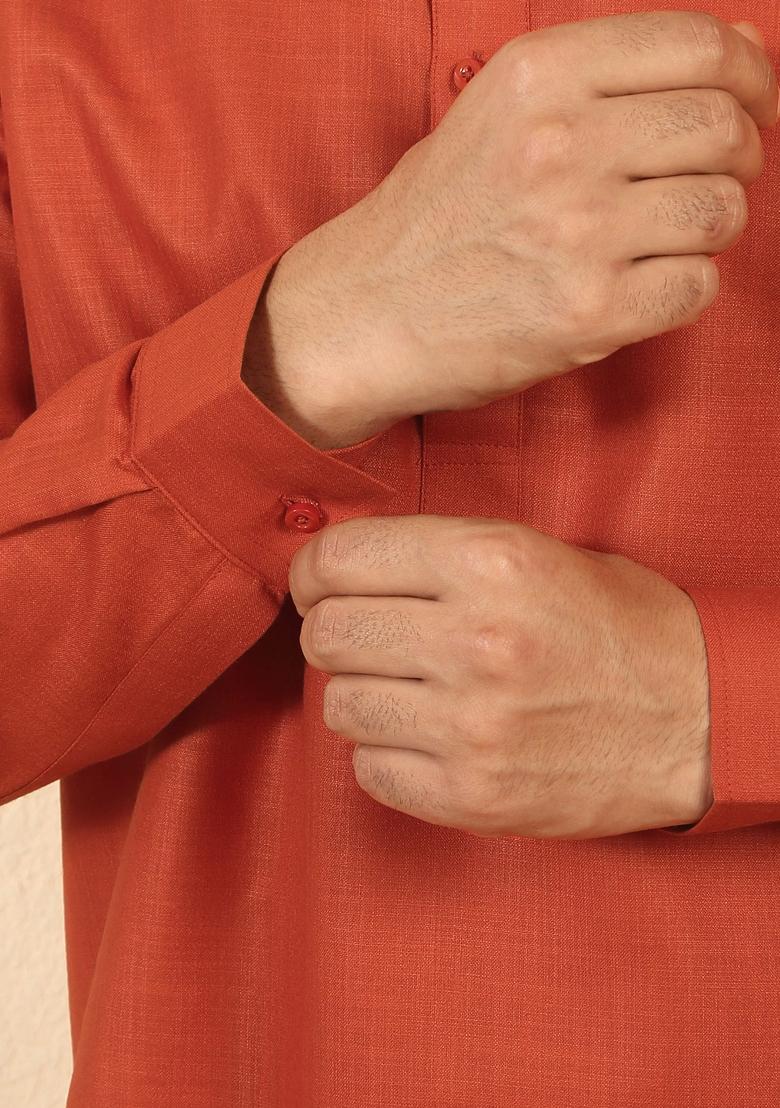 Orange Solid Cotton Kurta For Men - Indya