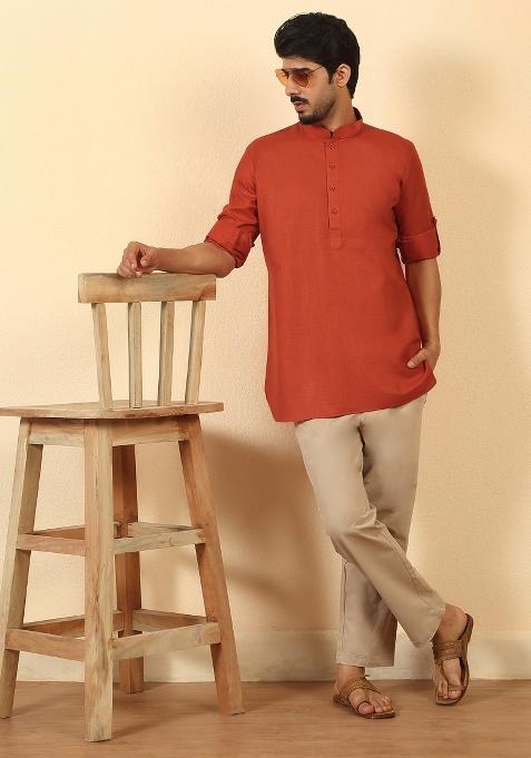 Orange Solid Cotton Kurta For Men