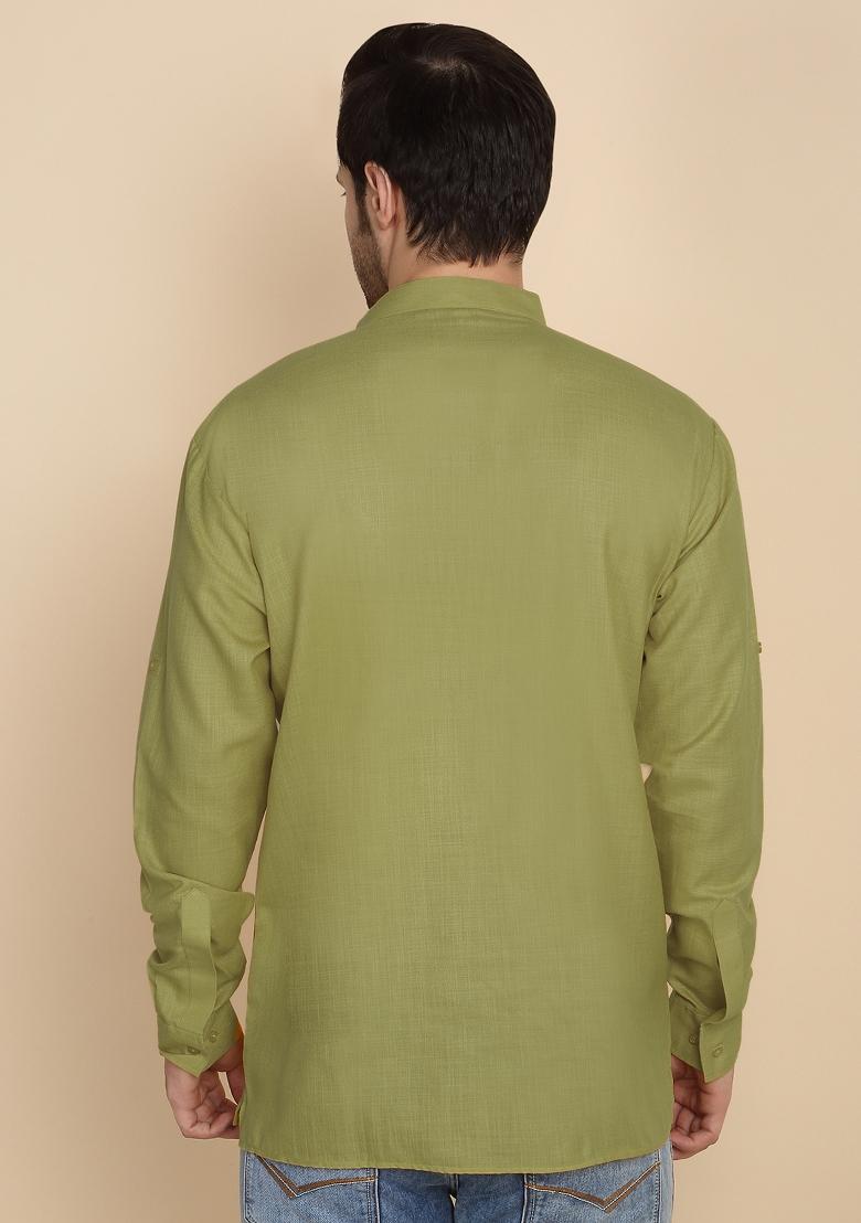 Green Solid Cotton Kurta For Men - Indya
