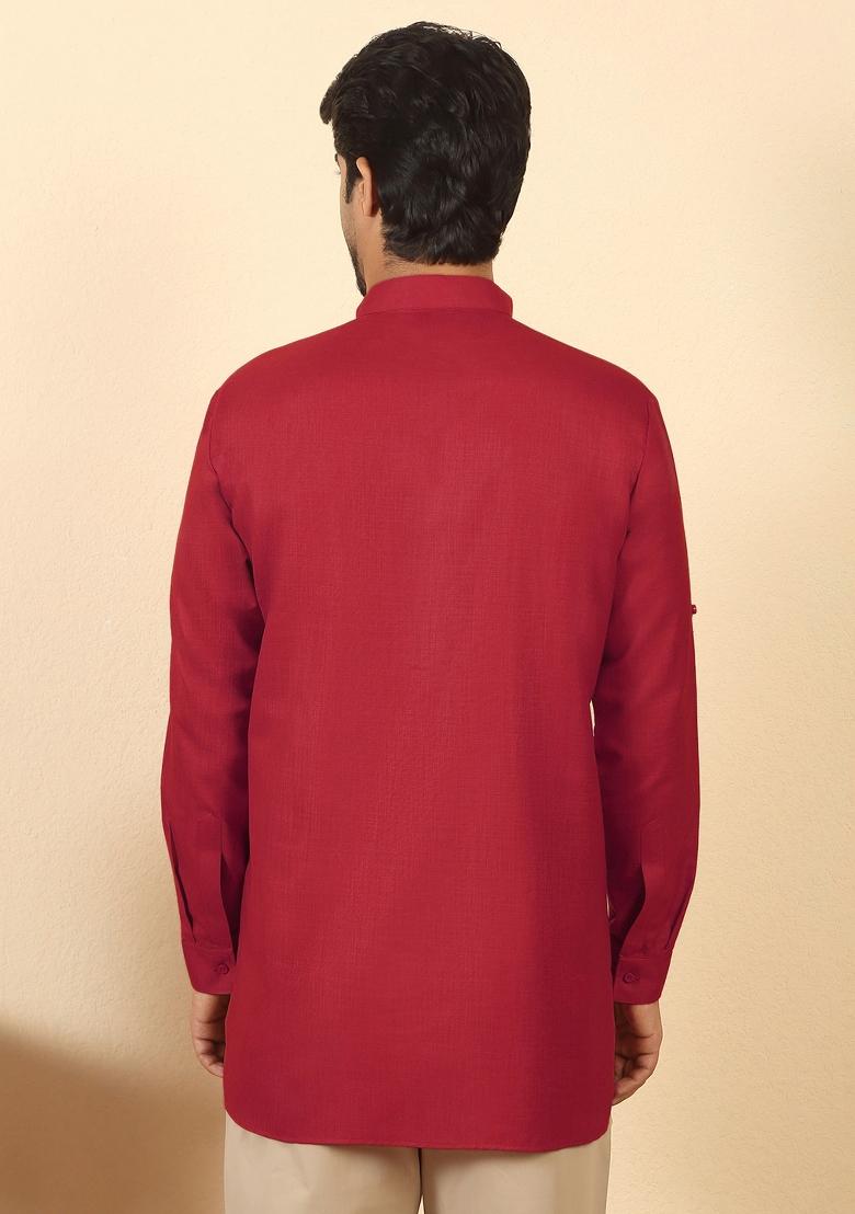 Red Solid Cotton Kurta For Men - Indya