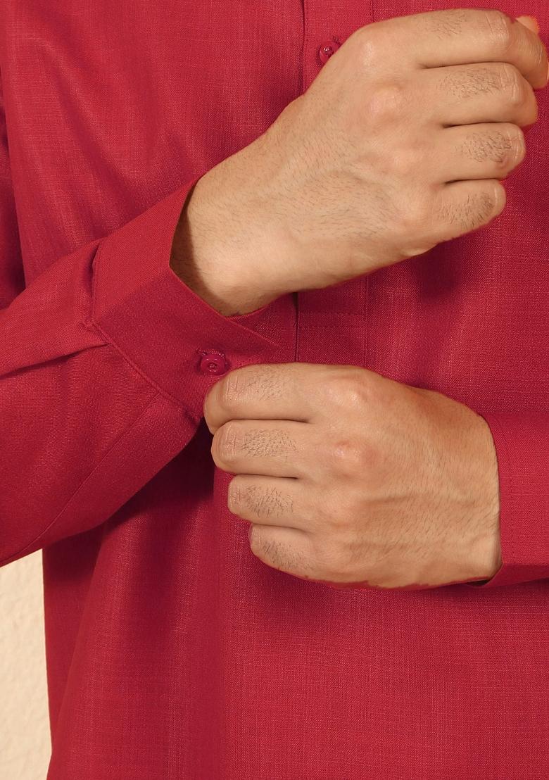 Red Solid Cotton Kurta For Men - Indya