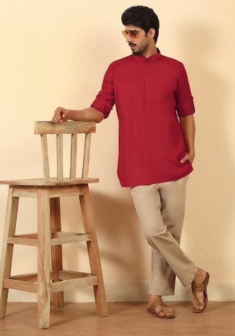 Red Solid Cotton Kurta For Men