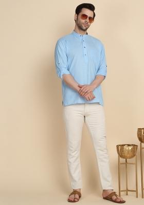 Sky Blue Solid Cotton Kurta For Men