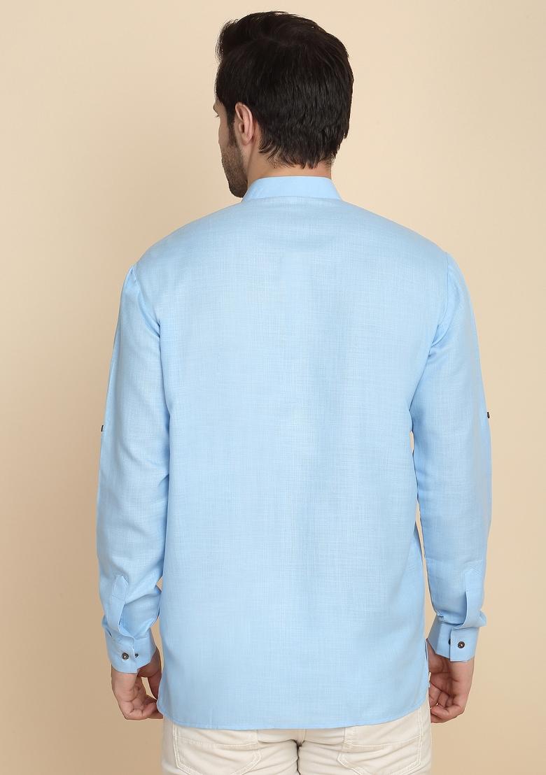 Sky Blue Solid Cotton Kurta For Men - Indya