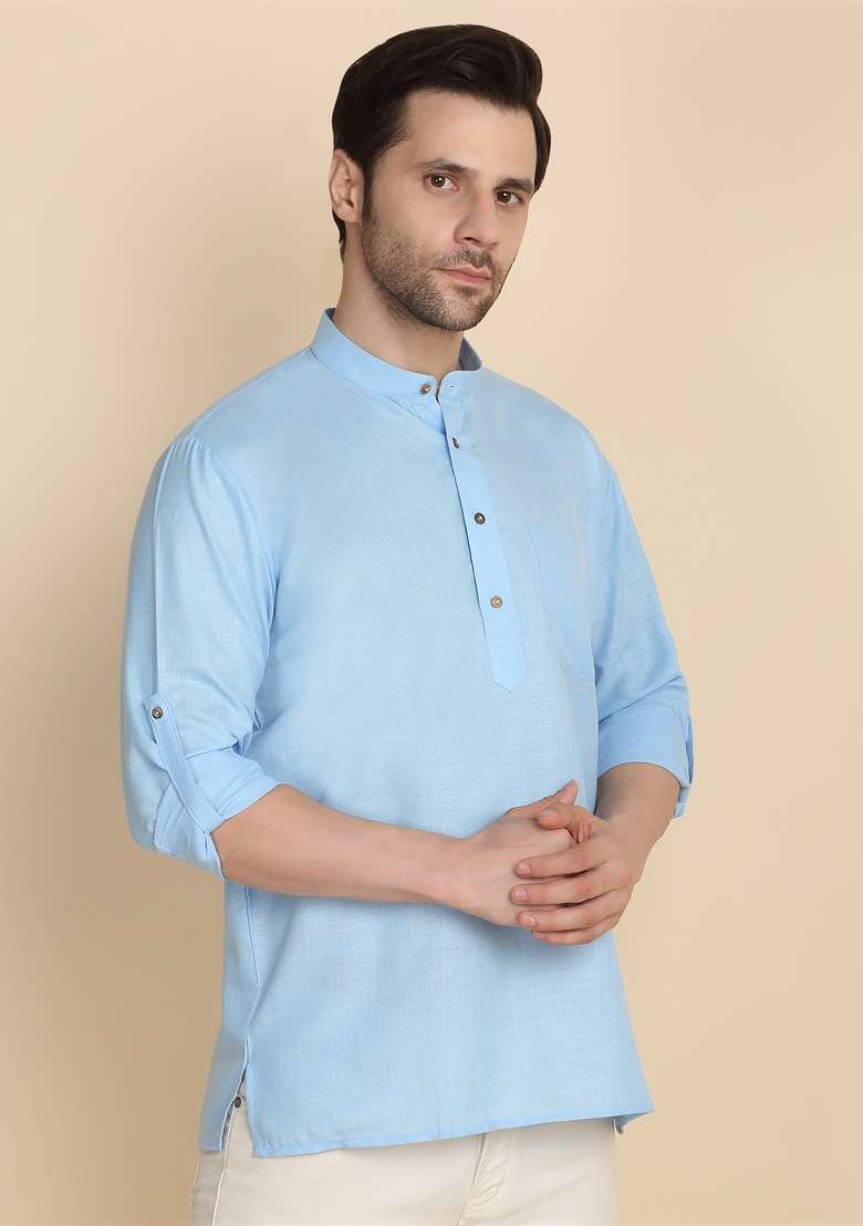 Sky Blue Solid Cotton Kurta For Men - Indya