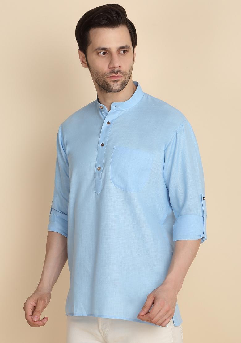 Sky Blue Solid Cotton Kurta For Men - Indya