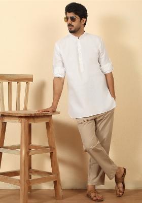 White Solid Cotton Kurta For Men