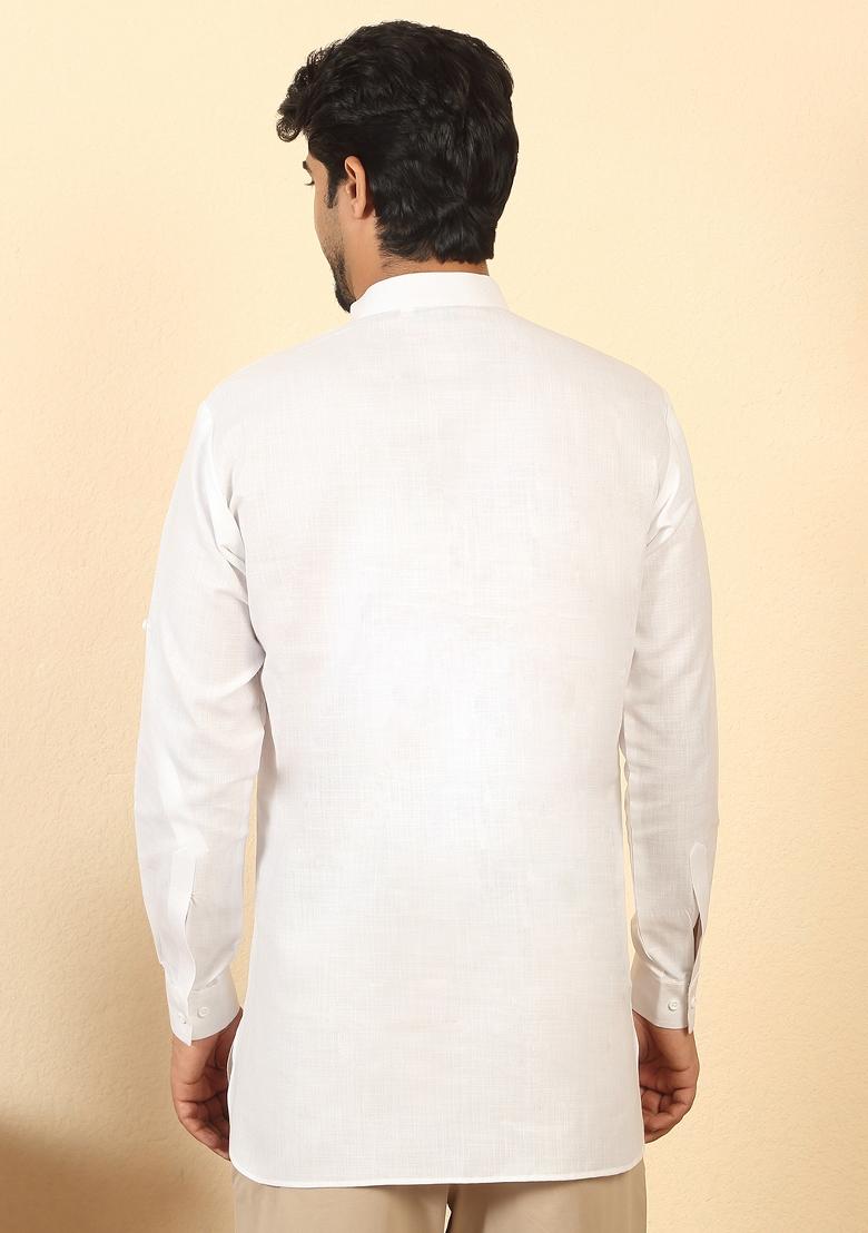 White Solid Cotton Kurta For Men - Indya