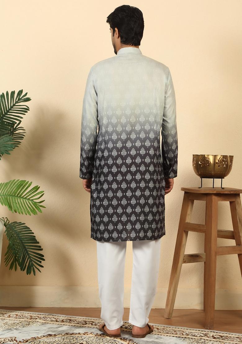 Black Ombre Cotton Kurta For Men - Indya