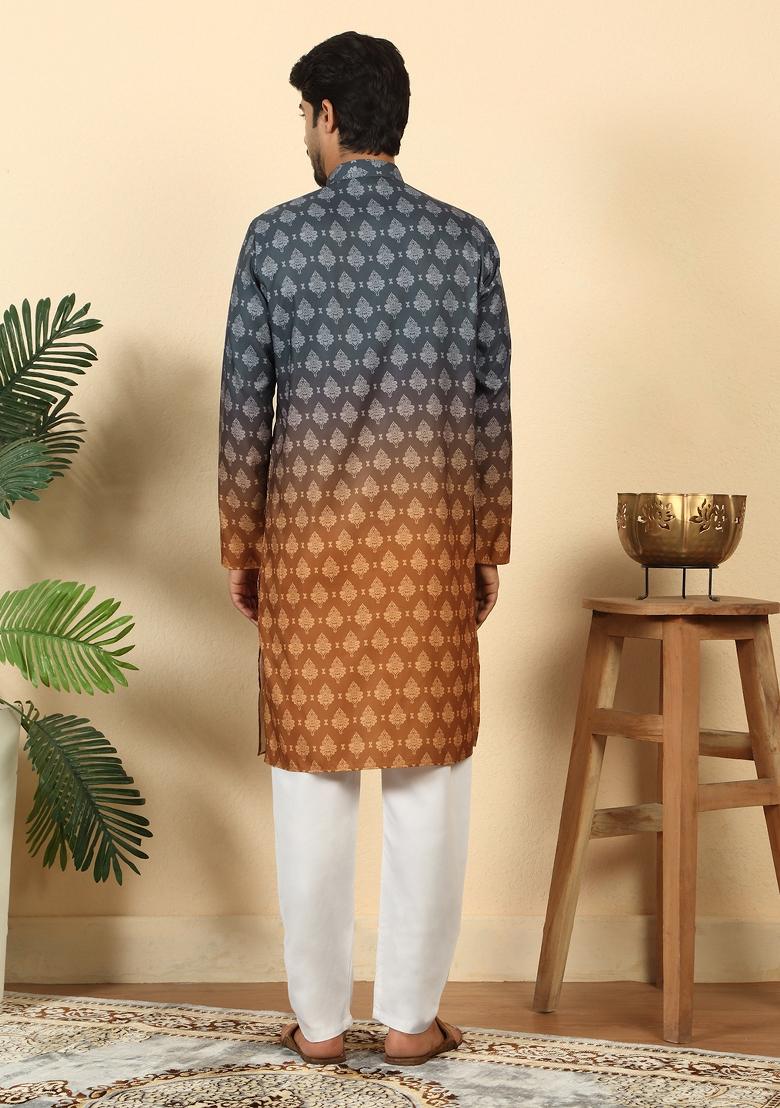 Mustard Ombre Cotton Kurta For Men - Indya