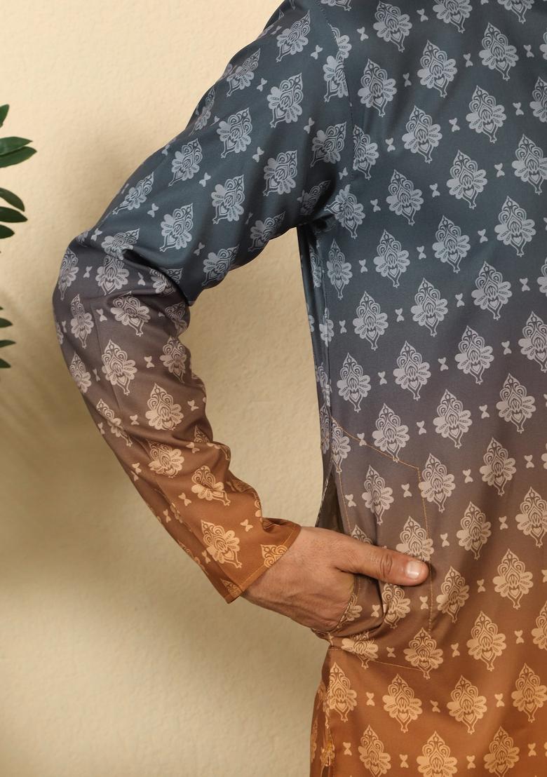 Mustard Ombre Cotton Kurta For Men - Indya