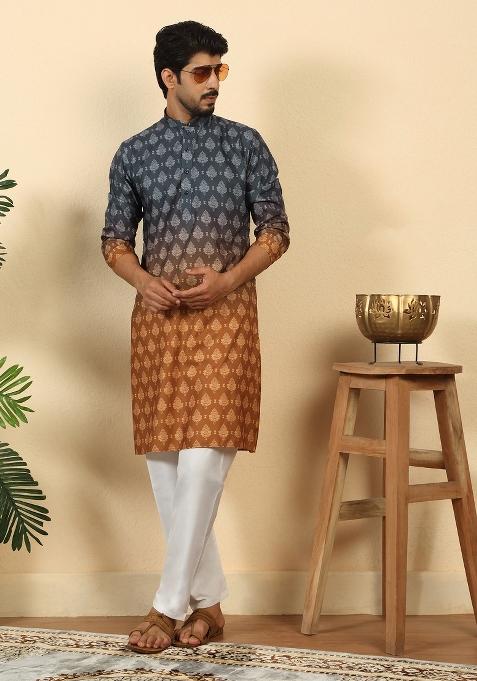 Mustard Ombre Cotton Kurta For Men