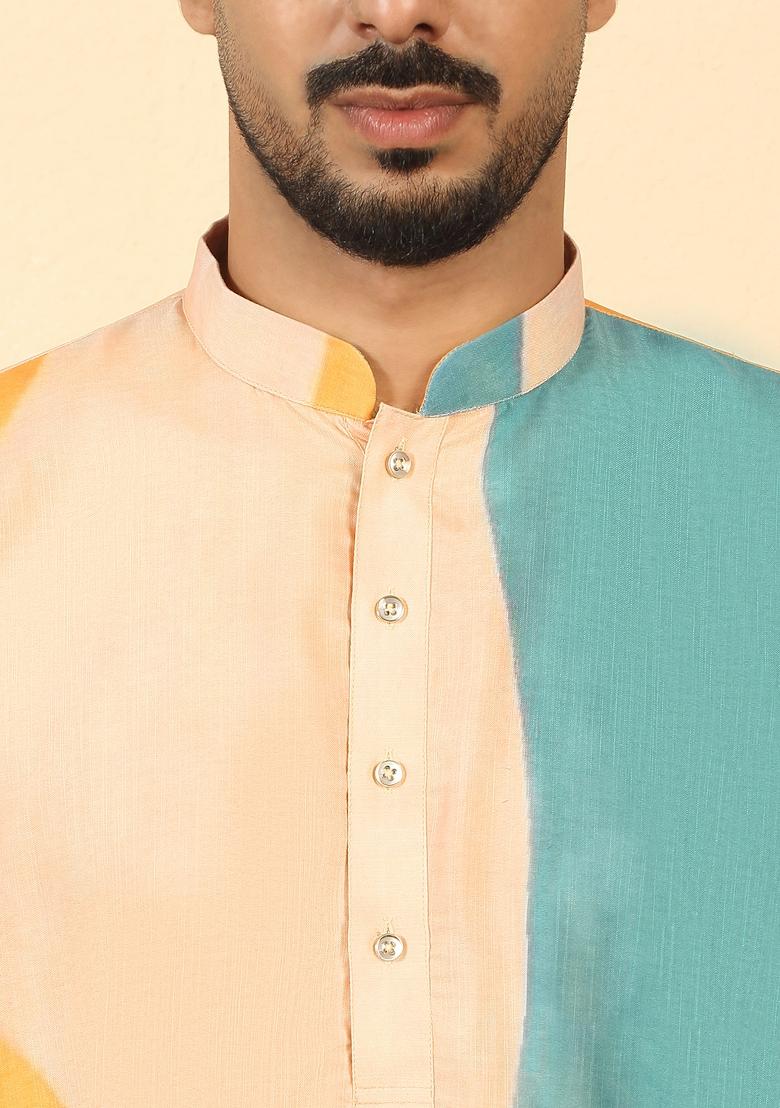 Beige Floral Print Cotton Kurta For Men - Indya