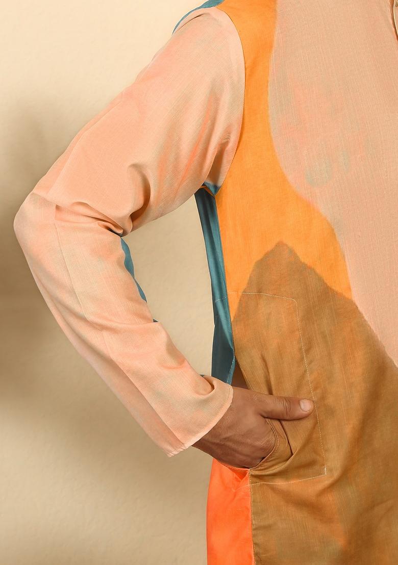 Beige Floral Print Cotton Kurta For Men - Indya
