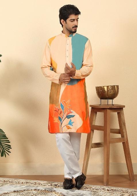 Beige Floral Print Cotton Kurta For Men