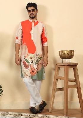 Orange Floral Print Cotton Kurta For Men