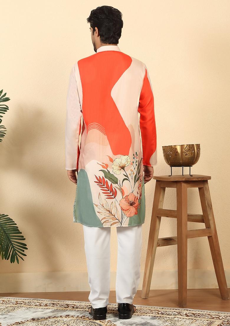 Orange Floral Print Cotton Kurta For Men - Indya