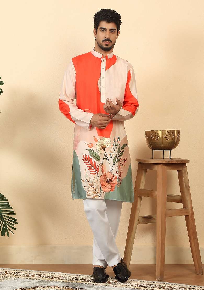 Orange Floral Print Cotton Kurta For Men - Indya